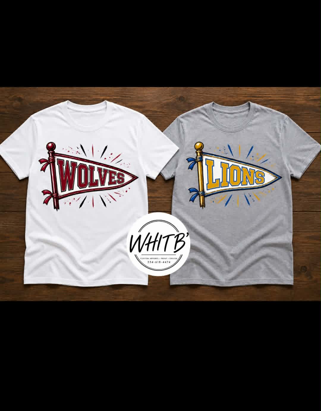 White Wolves and gray Lions shirts with colorful school pennant graphics