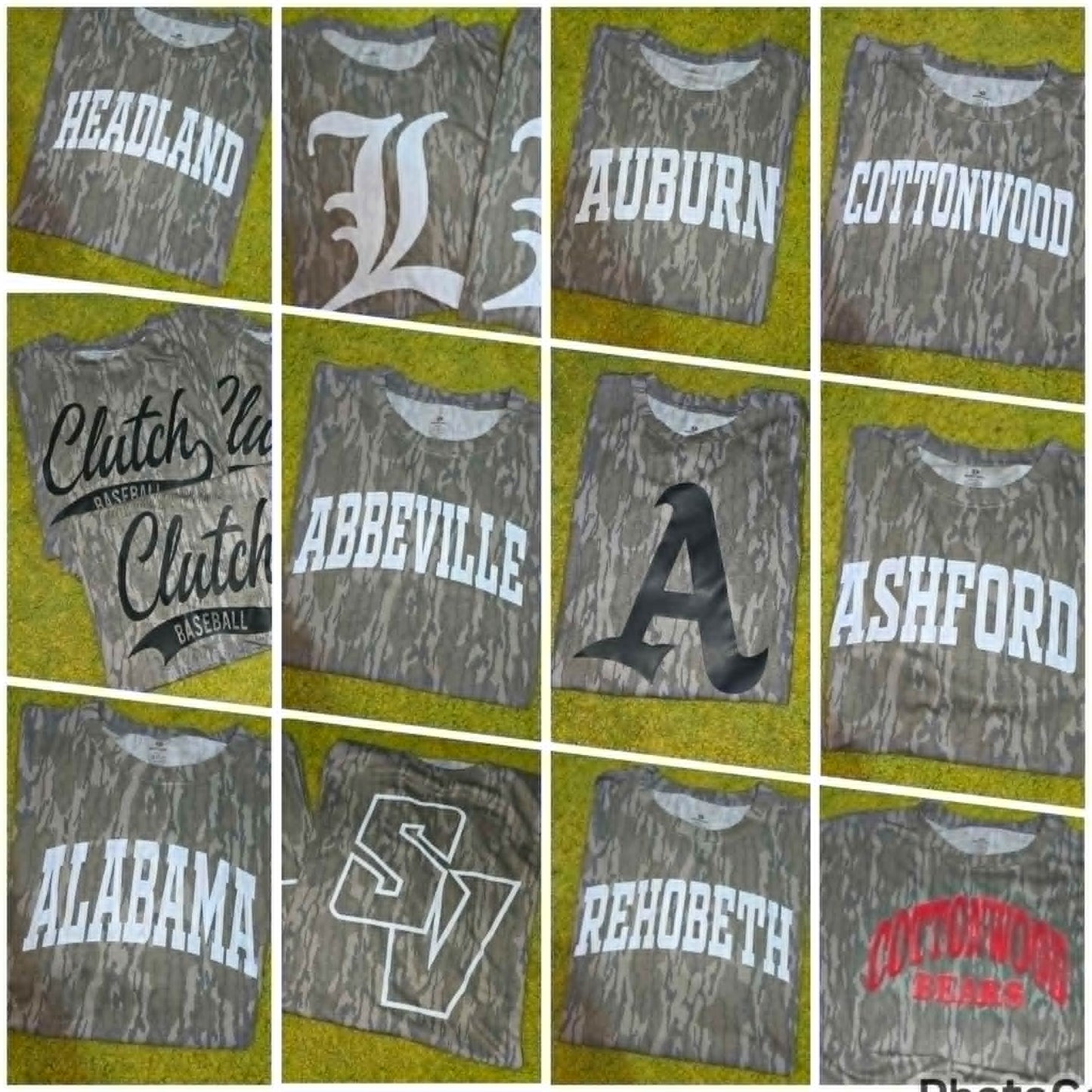 Camouflage shirts customized with Headland, Auburn, Cottonwood, Abbeville, Ashford, Alabama, and Rehobeth