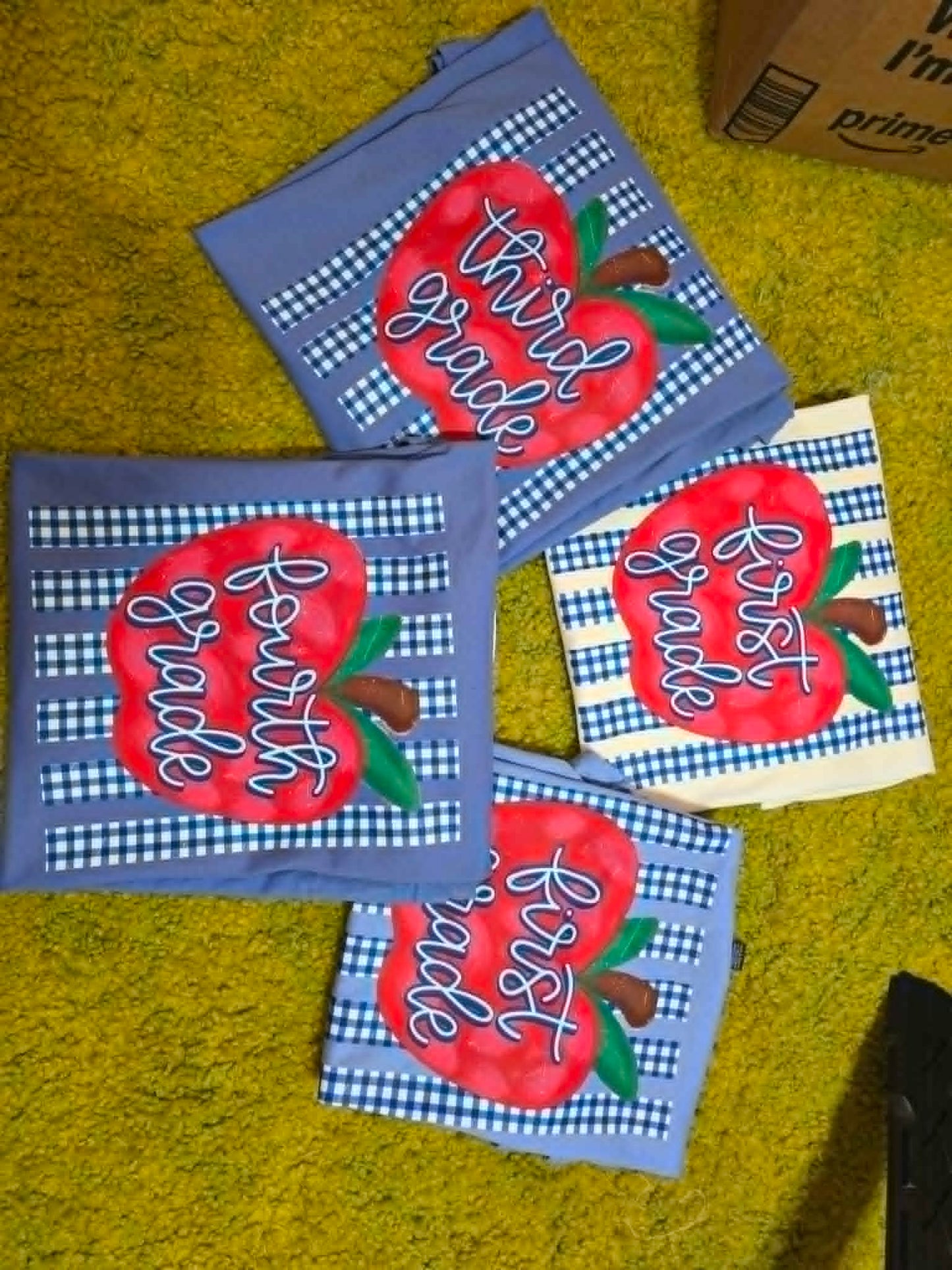 Grade-level school shirts with red apple graphics and blue gingham stripes