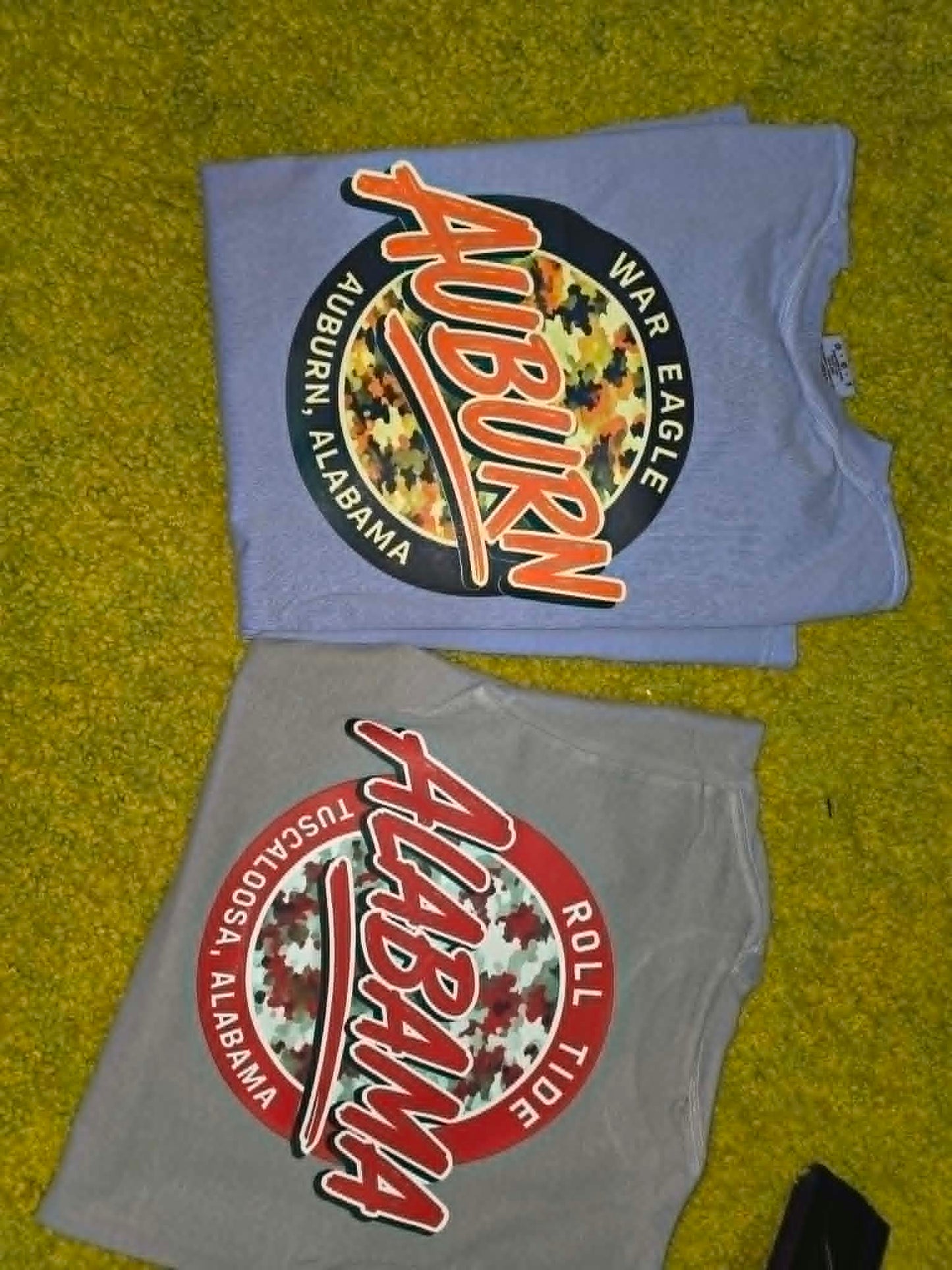 Auburn and Alabama shirts with round camouflage school graphics