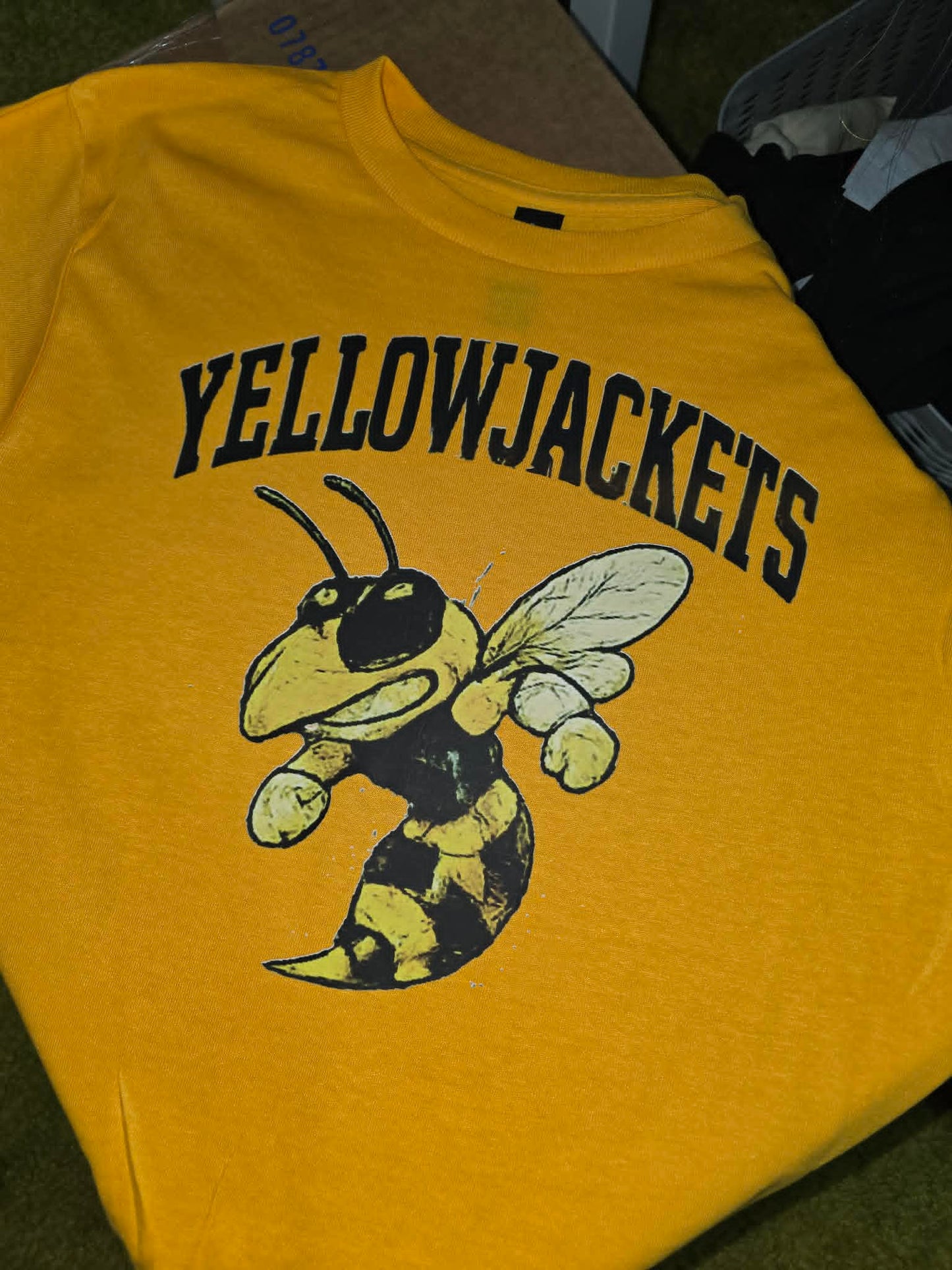 Gold Yellowjackets shirt with distressed vintage hornet mascot graphic