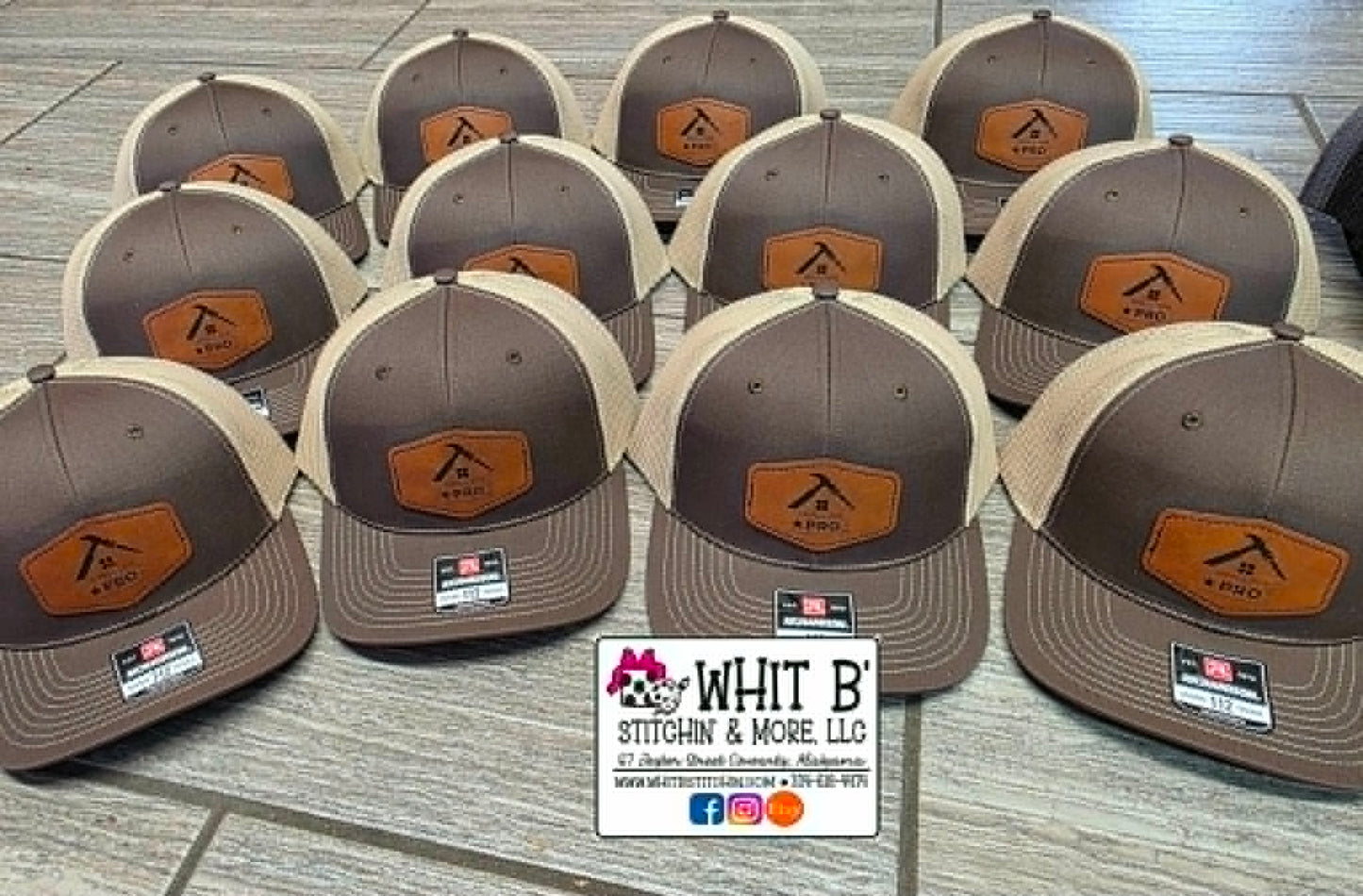Large group of brown and tan trucker hats with matching custom leather logo patches