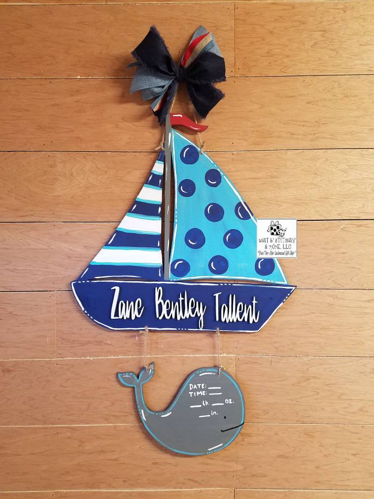 Ocean birth announcement door hanger,whale birth announcement, sailboat door hanger, sailboat nursery decor, nautical nursery decor