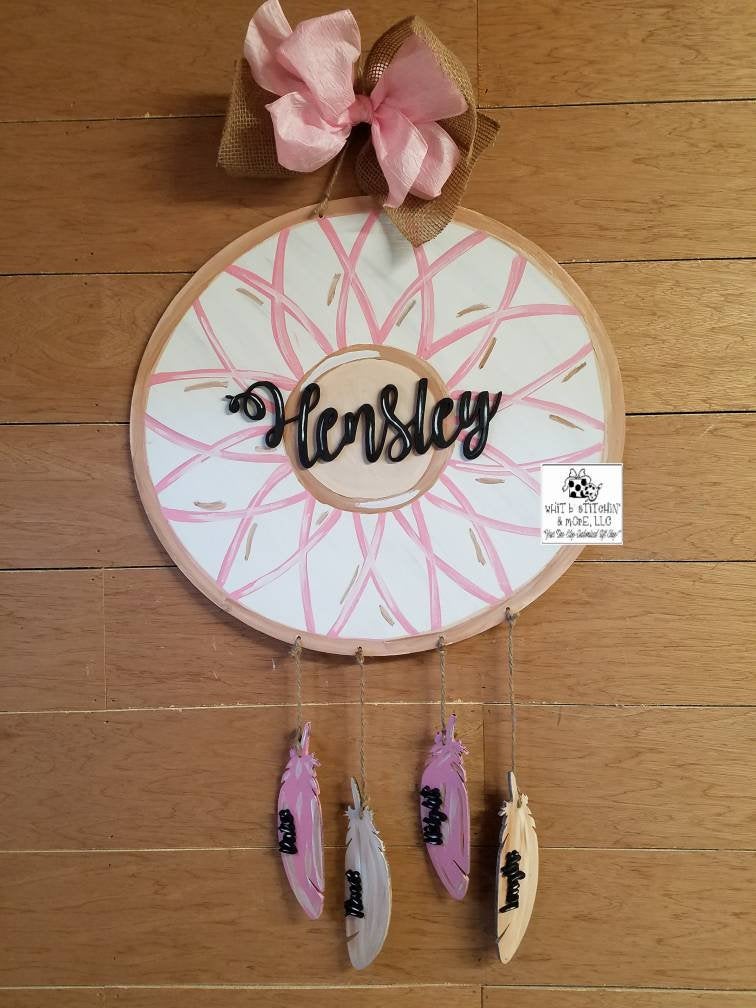 Girl birth announcement, dream catcher door hanger, baby door hanger, tribal themed door hanger, unique door hanger