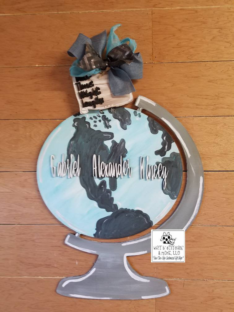 Baby Door Hanger, birth announcement, world globe birth announcement, travel theme door hanger, travel nursery decor