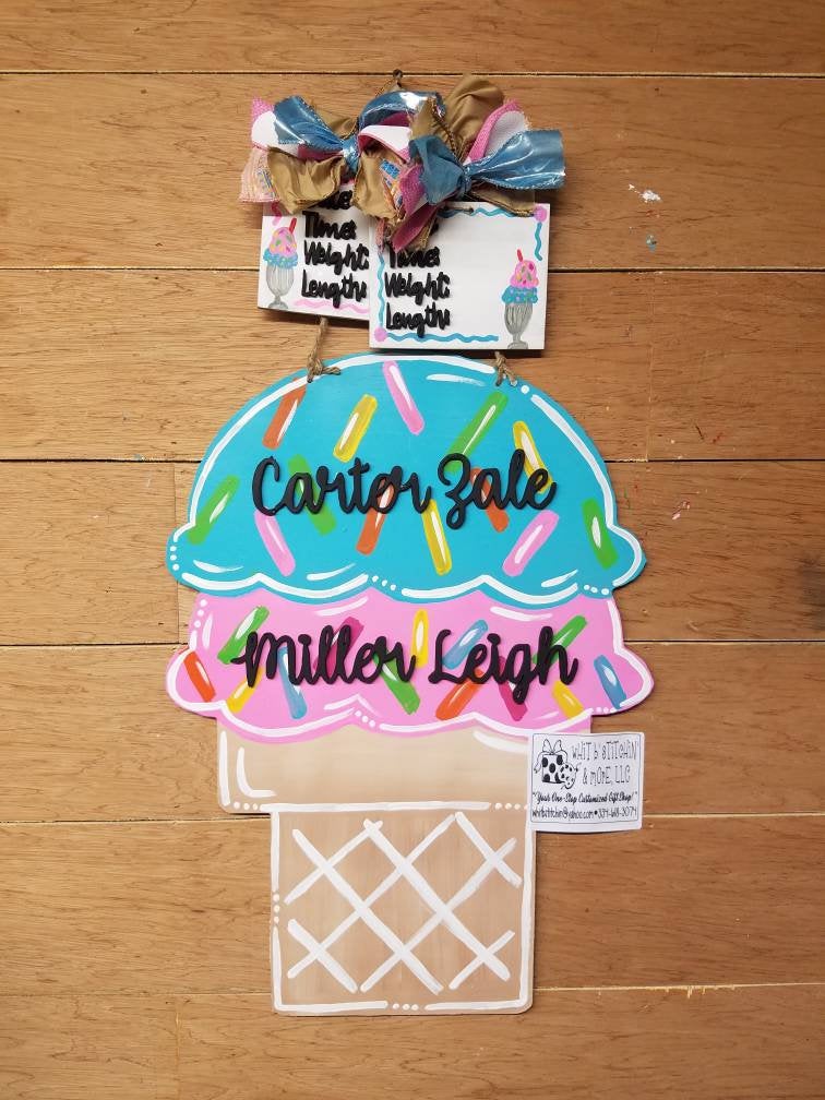 Twin door hanger, baby door hanger, ice cream door hanger, boy and girl twin door hanger, unisex baby door hanger, custom baby door hanger