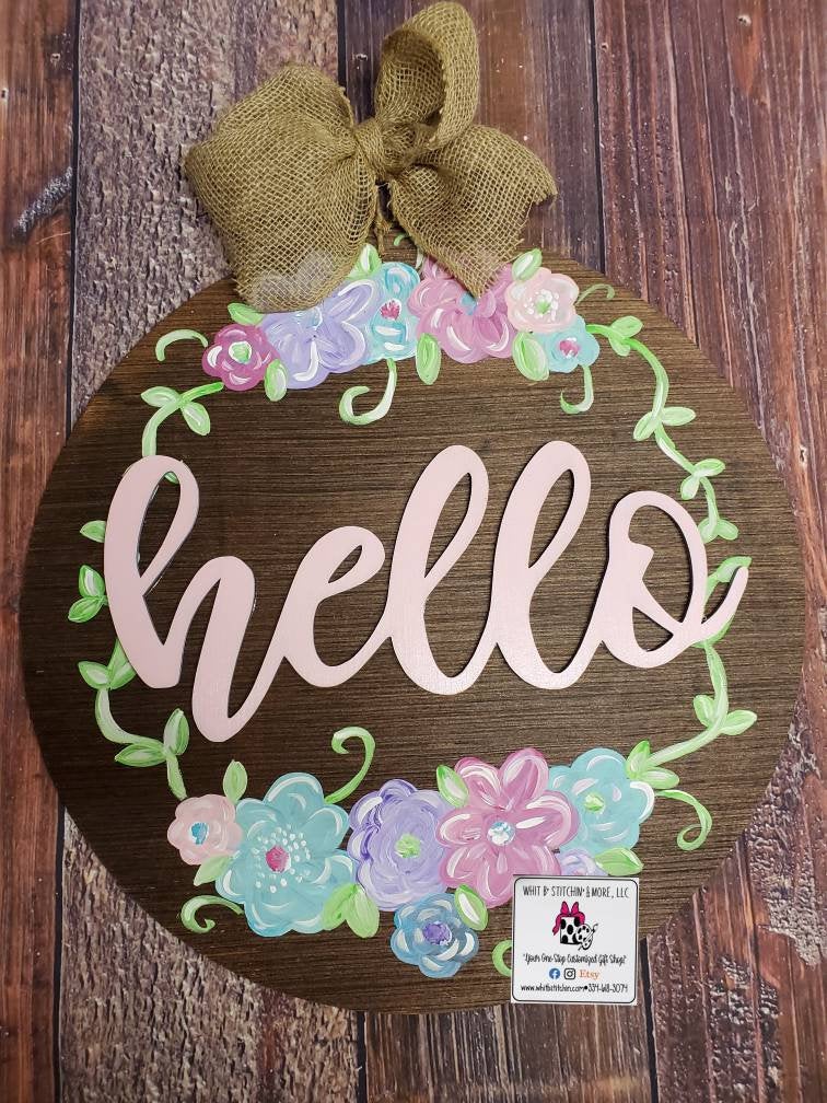 Hello door hanger, front door hanger, floral door hanger, spring/summer door hanger, wooden door hanger, bright door hanger