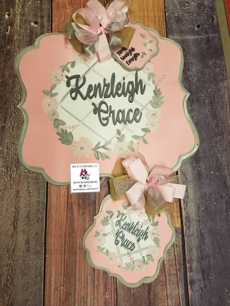Baby girl door hanger, floral baby door hanger, custom baby door hanger, birth announcement, hospital door hanger, nursery decor