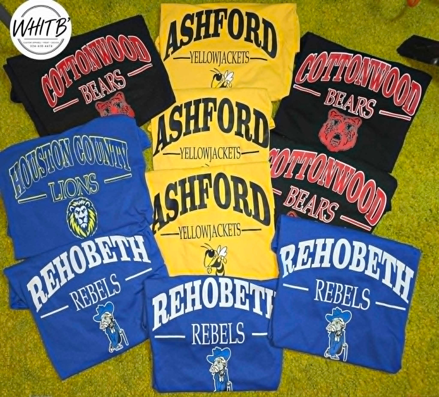 Cottonwood Bears, Ashford Yellowjackets, Houston County Lions, and Rehobeth Rebels shirts