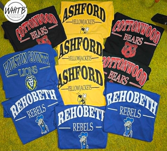 Cottonwood Bears, Ashford Yellowjackets, Houston County Lions, and Rehobeth Rebels shirts