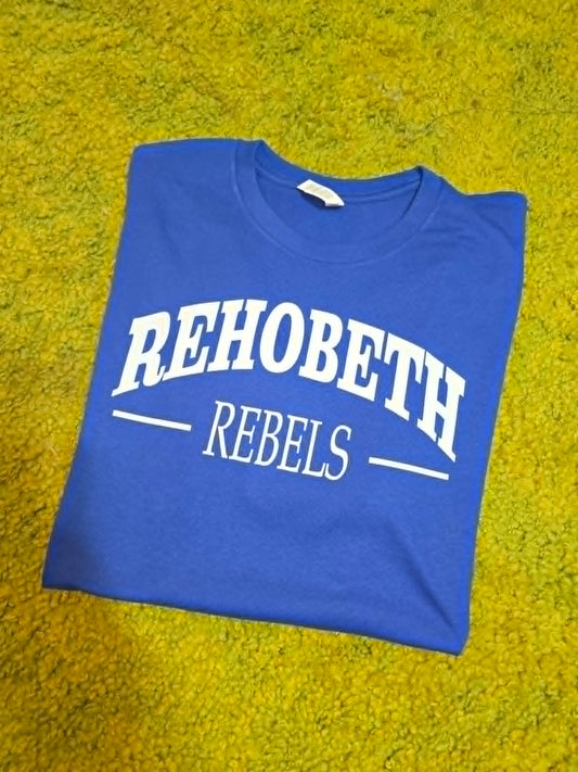 Blue Rehobeth Rebels shirt with classic white varsity lettering