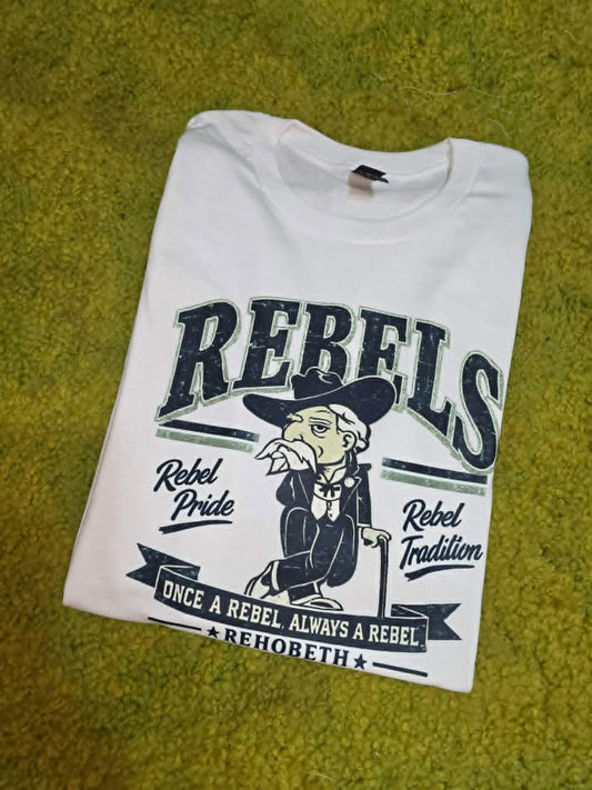 White Rehobeth Rebels shirt with mascot and Rebel Pride Rebel Tradition wording
