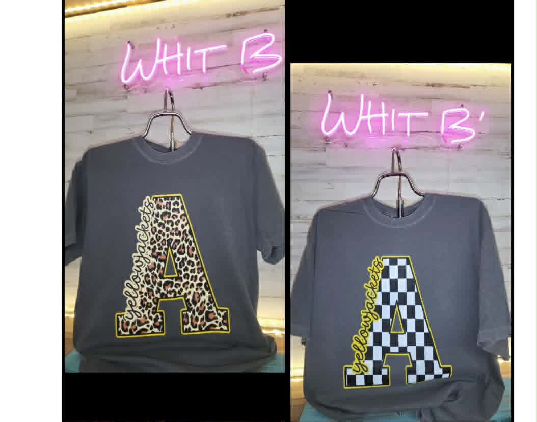 Gray Ashford Yellow Jackets shirts with leopard and checkerboard varsity A designs