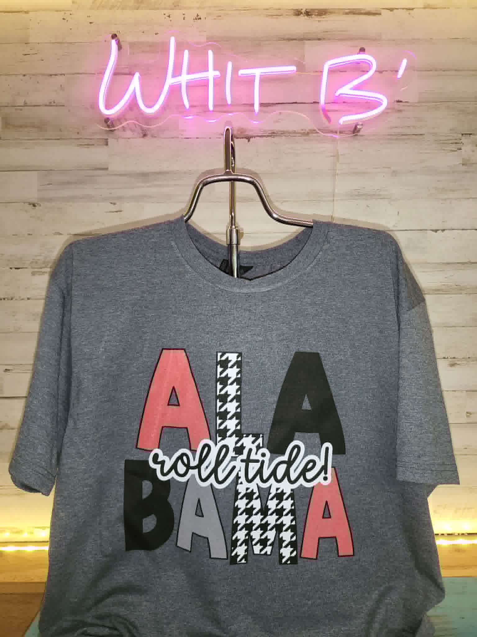 Gray Alabama Roll Tide shirt with red, black, and houndstooth block letters