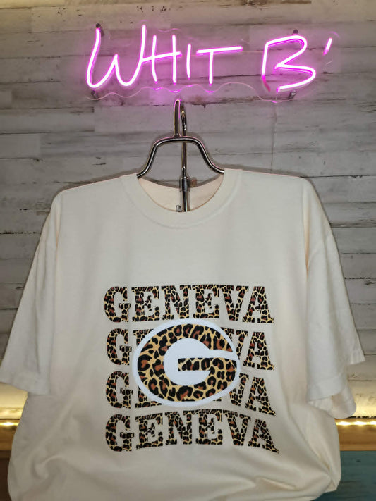 Cream Georgia shirt with repeated leopard-print lettering and white G logo