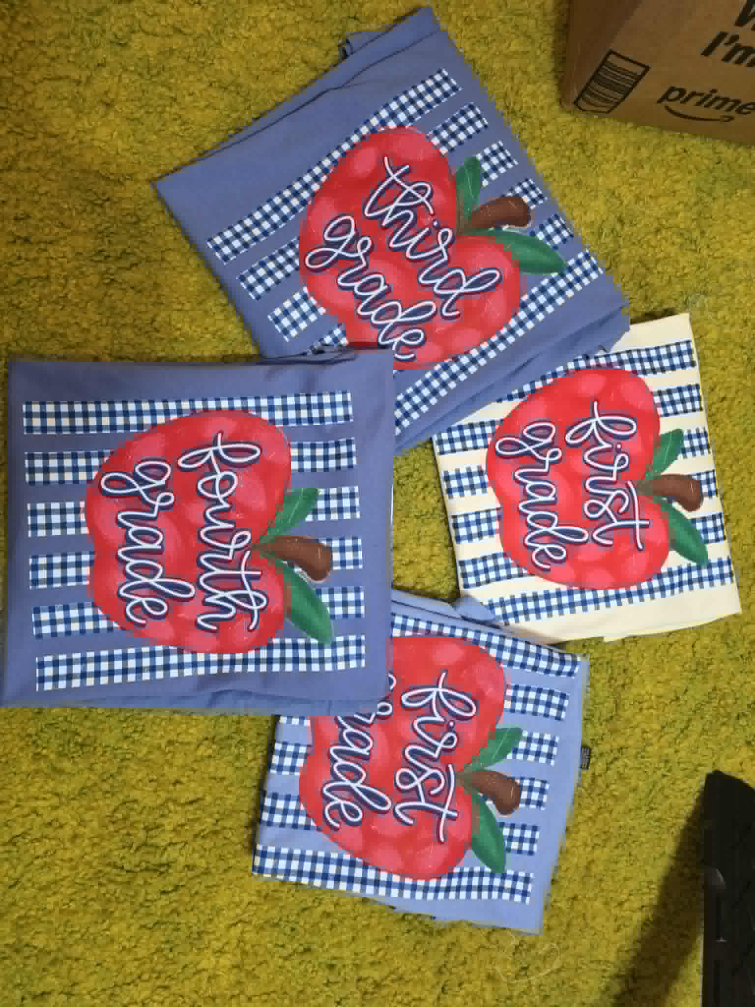 Grade-level school shirts with red apple graphics and blue gingham stripes