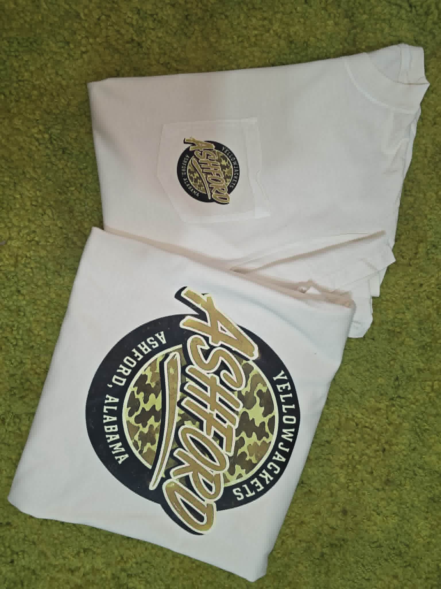 White Ashford Yellow Jackets shirt with small pocket graphic and large camouflage back design