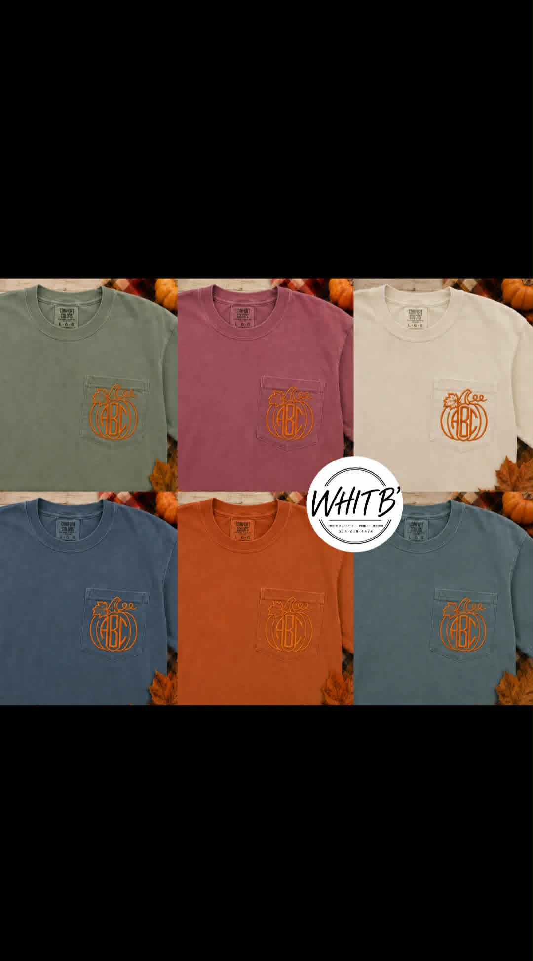 Fall-color pocket tees embroidered with pumpkin monograms and small leaf accents