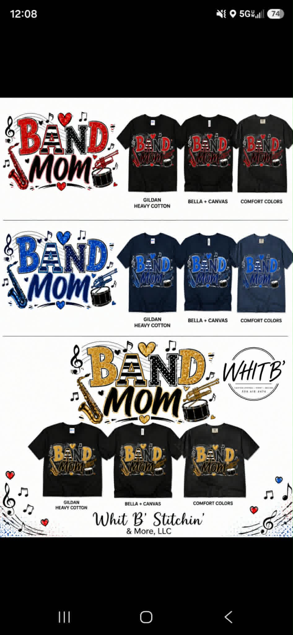 Black Band Mom shirts with music notes, saxophone, drum, and red, blue, or gold accents