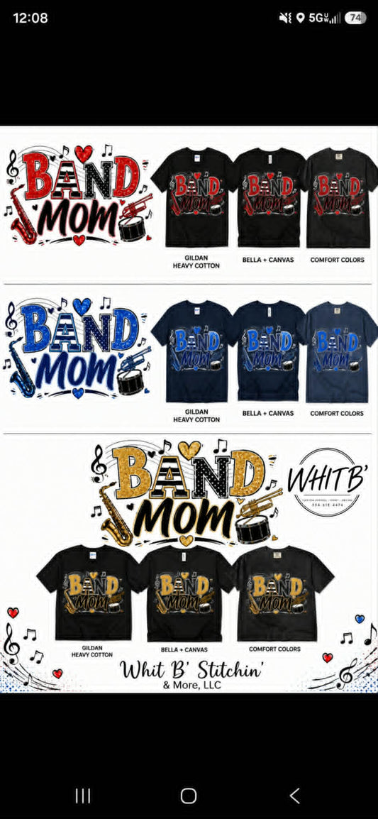 Black Band Mom shirts with music notes, saxophone, drum, and red, blue, or gold accents