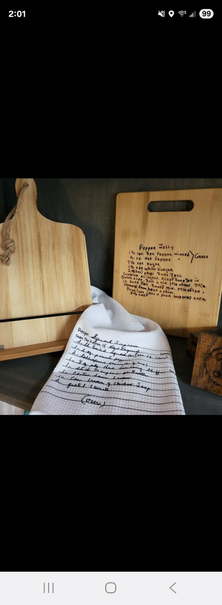 Wood cutting boards and kitchen towel personalized with handwritten family recipes