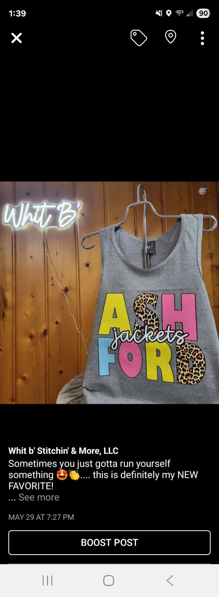 Gray tank top with bright Ashford Jackets lettering and leopard-print accents