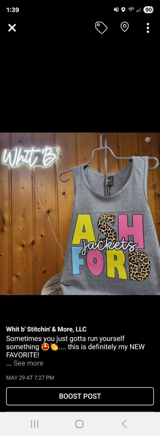 Gray tank top with bright Ashford Jackets lettering and leopard-print accents