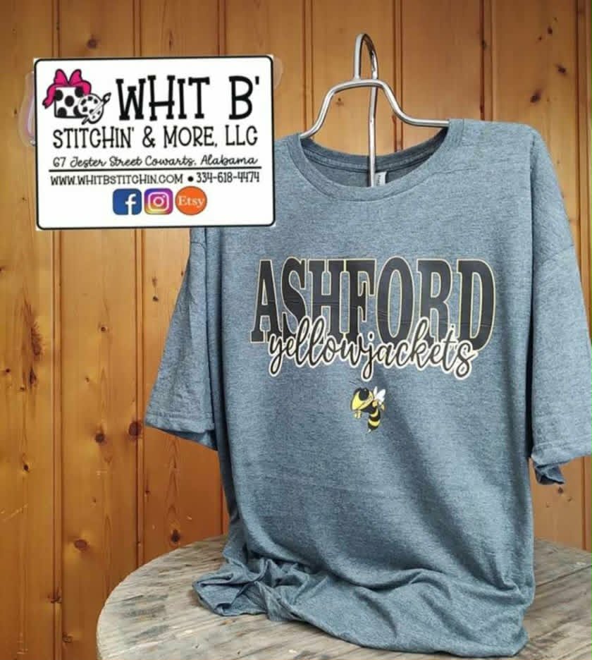 Gray Ashford Yellow Jackets shirt with layered lettering and a small bee mascot