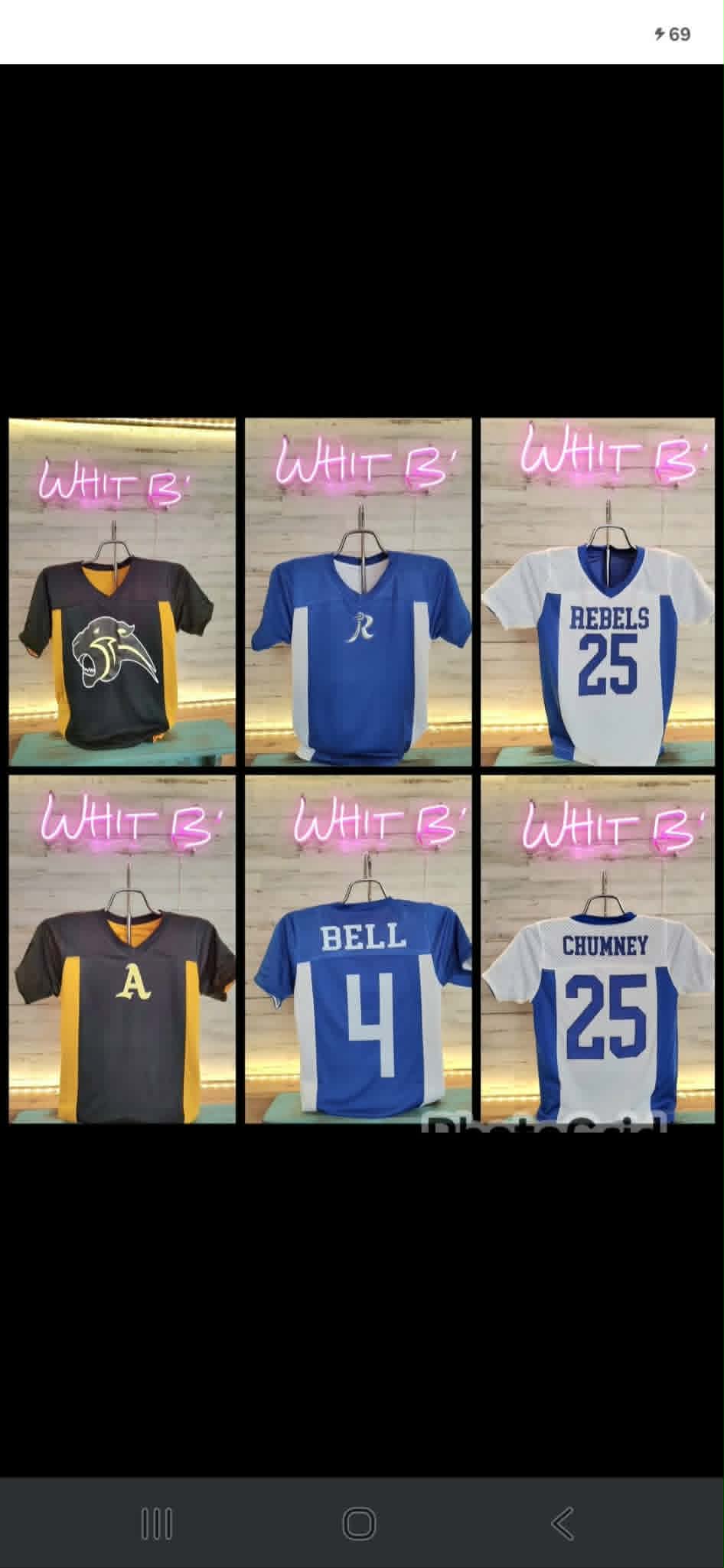 Custom school sports jerseys shown with team logos, player names, and numbers
