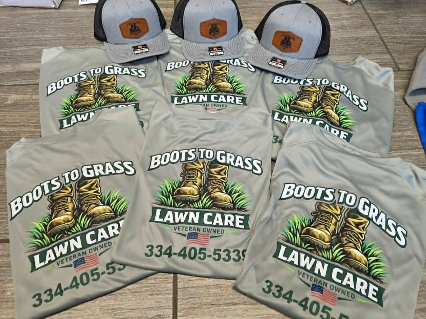 Gray Boots to Grass Lawn Care shirts with matching leather patch trucker hats