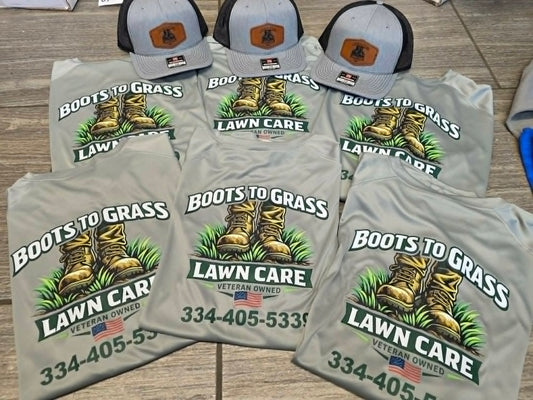 Gray Boots to Grass Lawn Care shirts with matching leather patch trucker hats