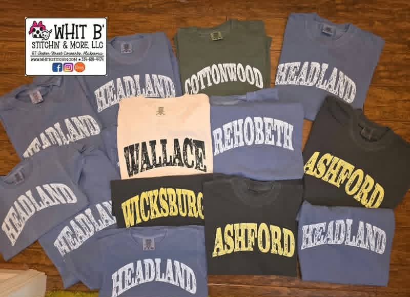 Custom hometown spirit shirts featuring Headland, Cottonwood, Wallace, Rehobeth, Vicksburg, and Ashford