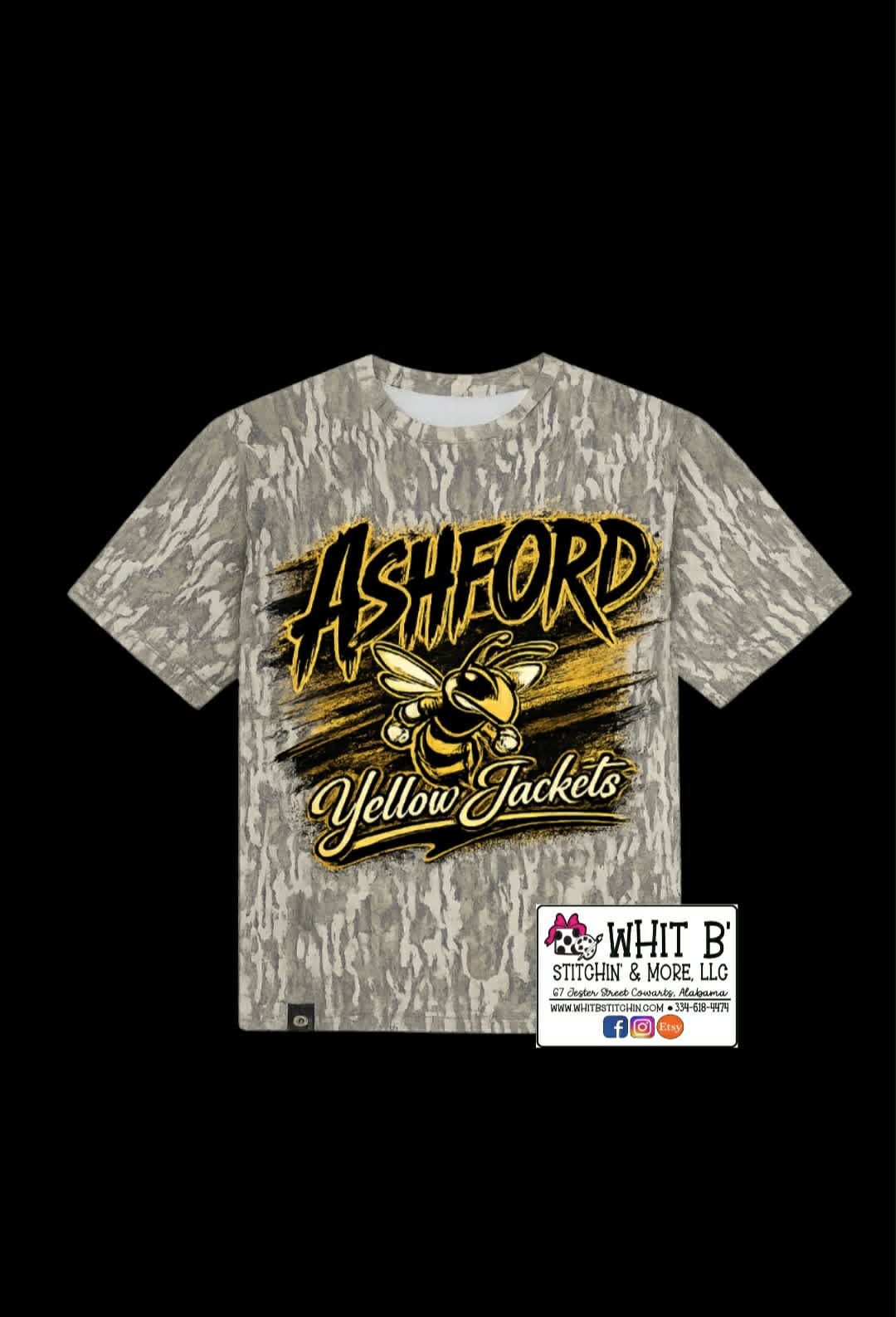 Gray camouflage Ashford Yellow Jackets shirt with black and gold hornet graphic