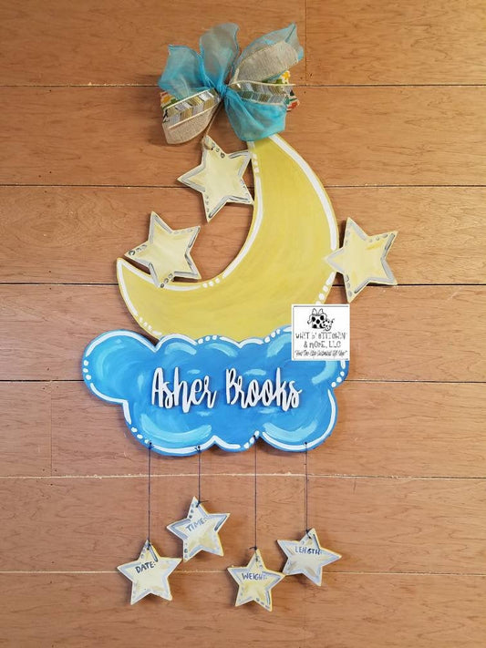 Moon and stars door hanger, baby door hanger, moon and stars nursery decor,  baby door hanger, baby birth announcement